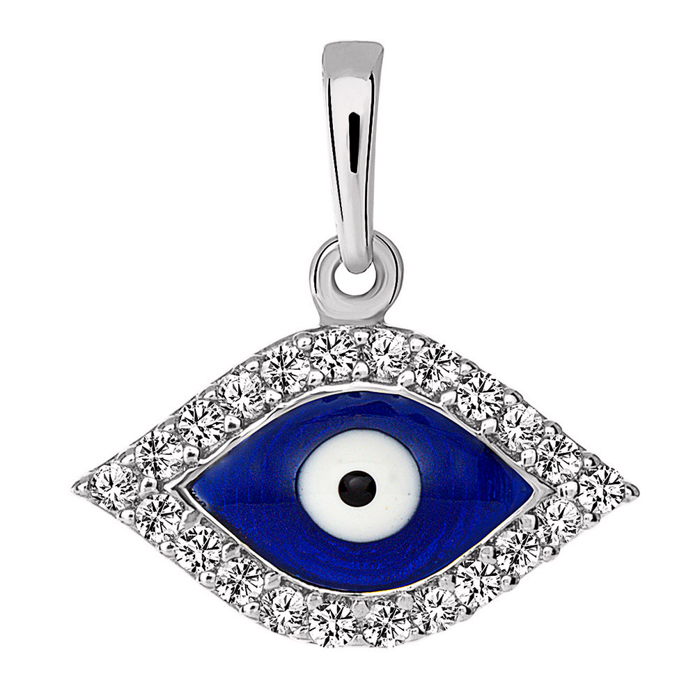 Solid 14k White Gold Blue Evil Eye Charm Pendant with Cubic Zirconia