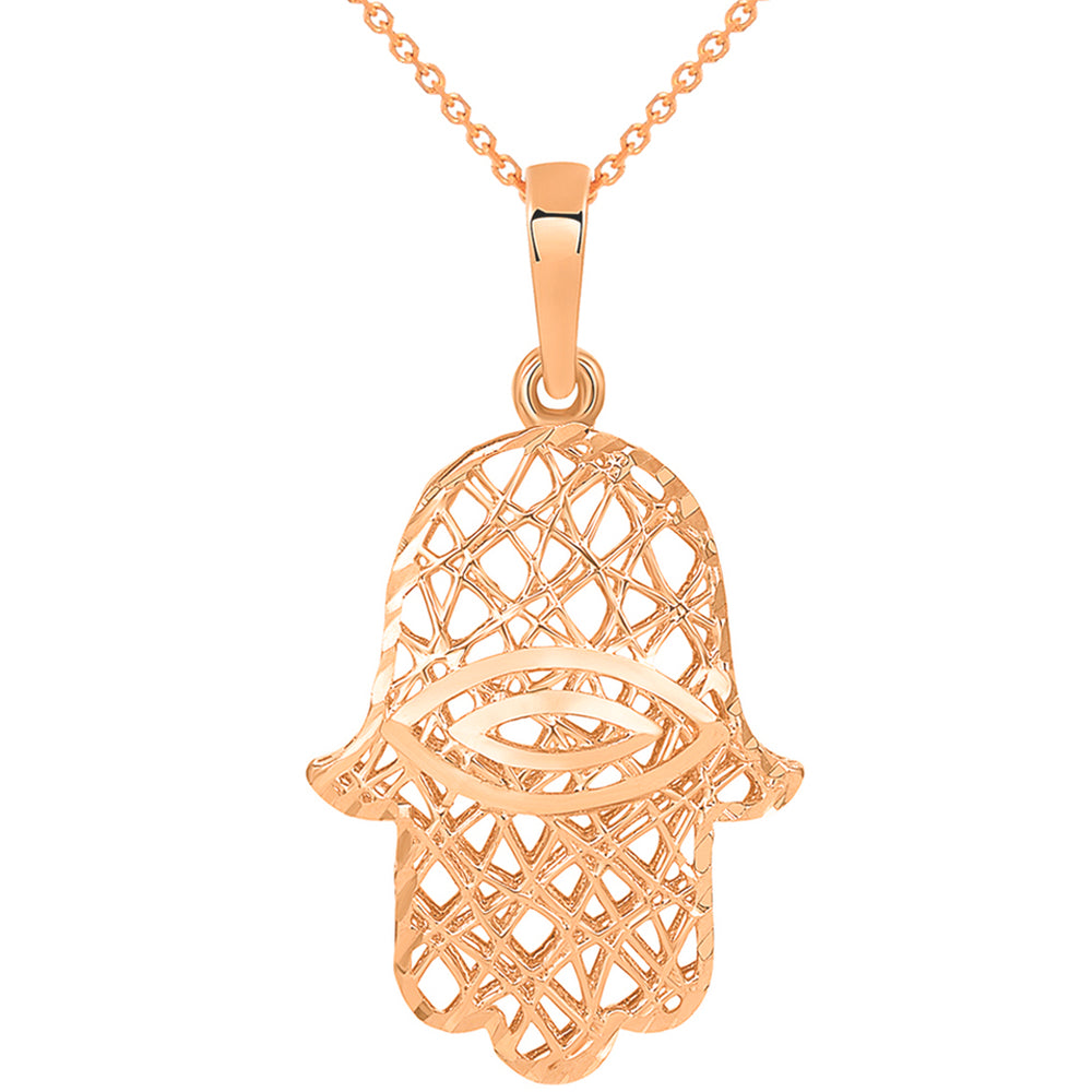 Textured 14k Rose Gold 3D Hamsa Hand of Fatima with Evil Eye Charm Pendant Necklace