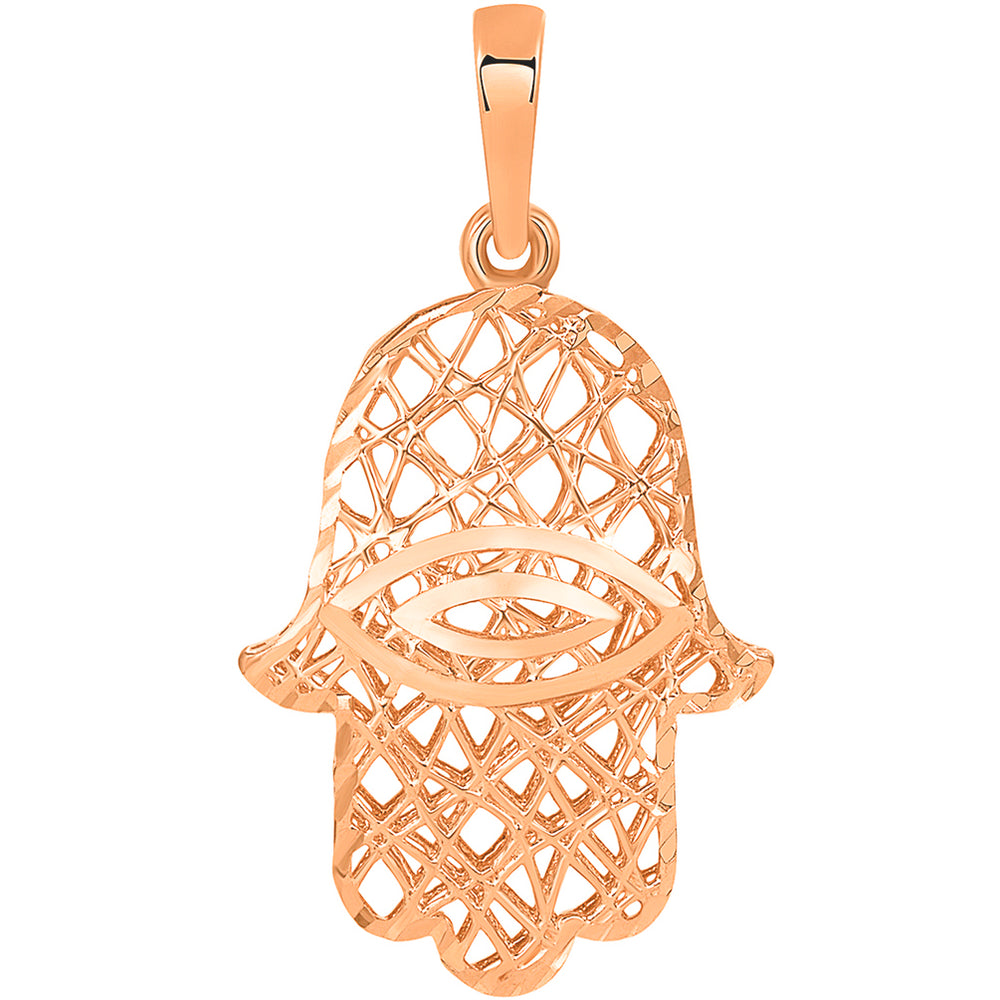 Textured 14k Rose Gold 3D Hamsa Hand of Fatima with Evil Eye Charm Pendant