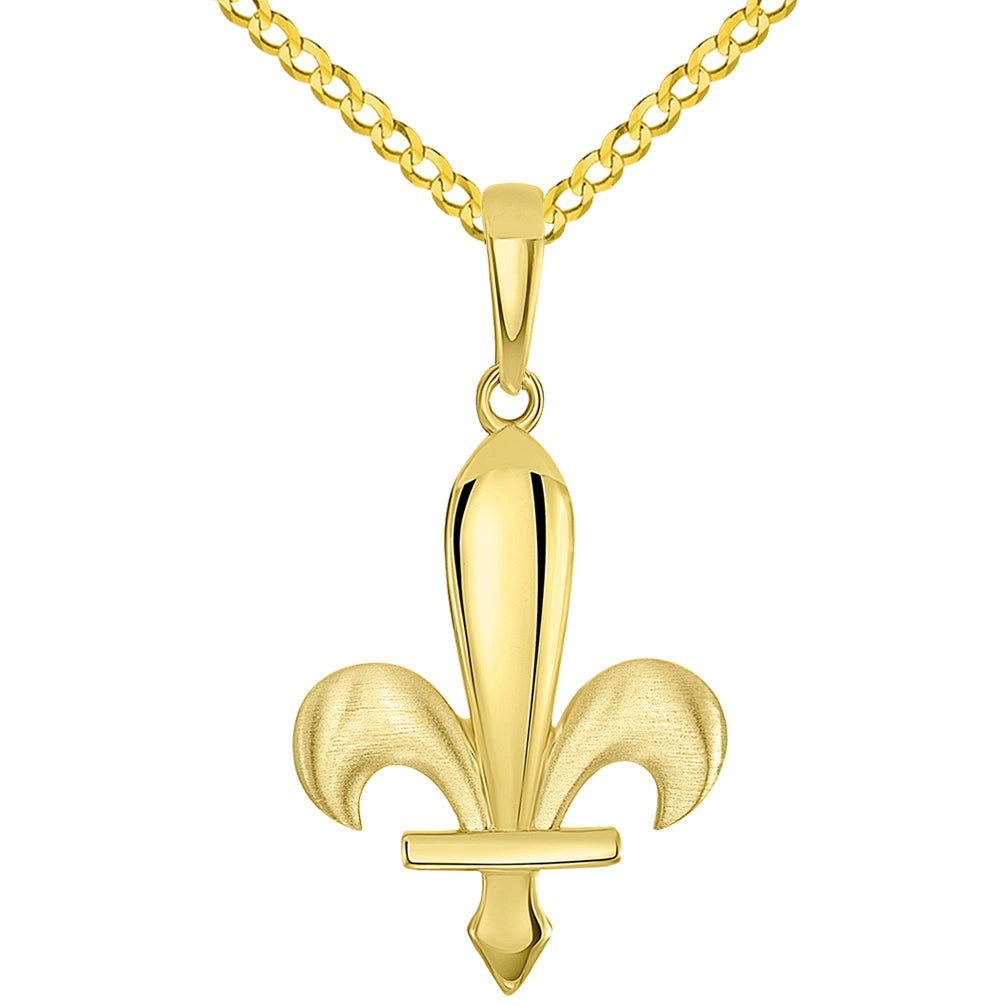 14k Yellow Gold Fleur-de-Lis Symbol Pendant with Cuban Curb Chain Necklace