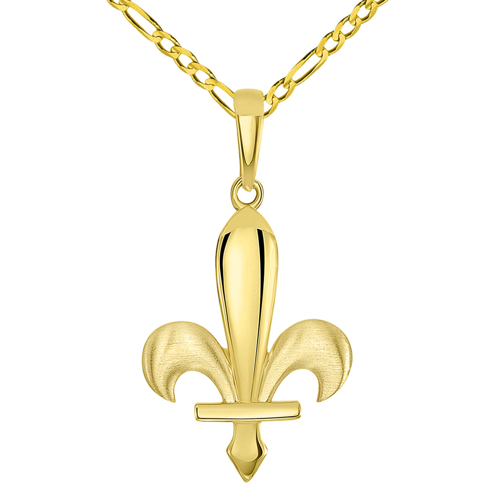 14k Yellow Gold Fleur-de-Lis Symbol Pendant with Figaro Curb Chain Necklace