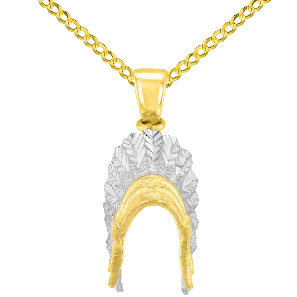 Solid 14K Yellow Gold War Bonnets Charm Native American Pendant with Cuban Chain Necklace