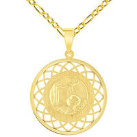 Load image into Gallery viewer, 14k Yellow Gold Religious Baptism Christening On Round Open Ornate Medal Pendant with Figaro Chain Necklace
