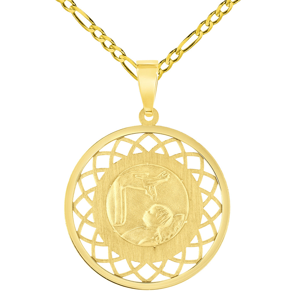 14k Yellow Gold Religious Baptism Christening On Round Open Ornate Medal Pendant with Figaro Chain Necklace