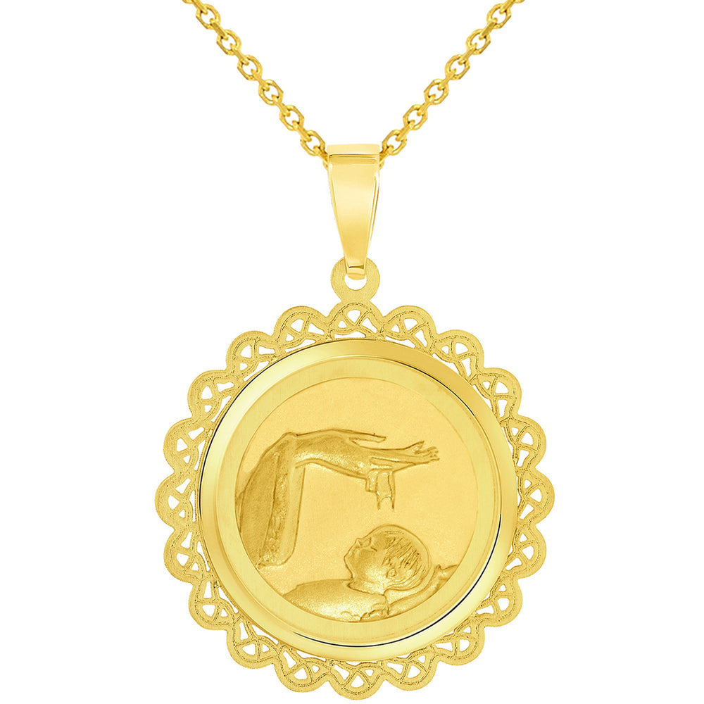 14k Yellow Gold Religious Baptism Christening On Round Ornate Medal Pendant Necklace