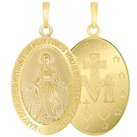 Load image into Gallery viewer, Solid 14k Yellow Gold Classic Miraculous Medallion of the Virgin Mary Pendant Necklace with Figaro Chain
