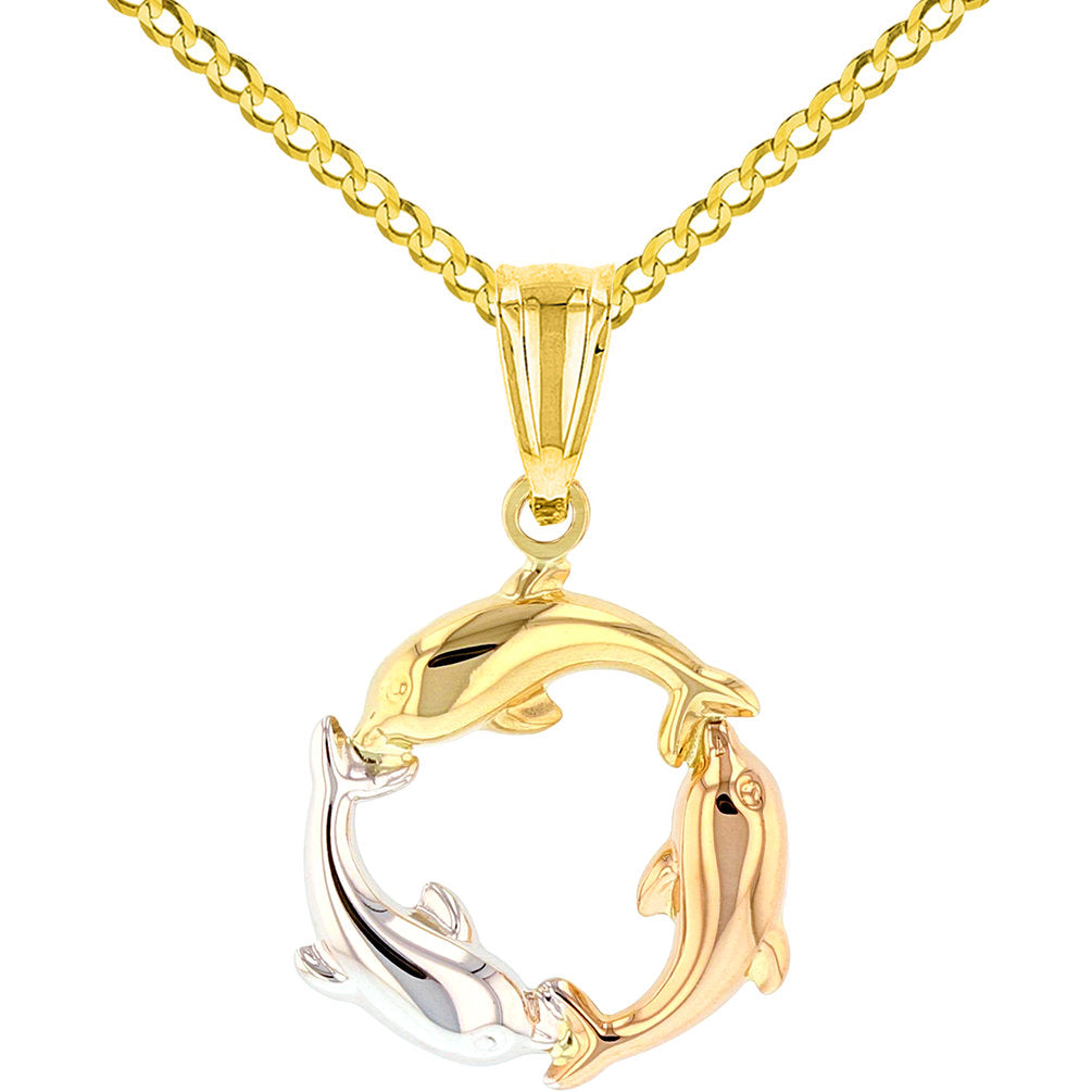 Polished 14K Tri-Color Gold Kissing Dolphin Circle Pendant Cuban Necklace