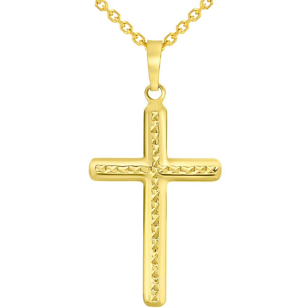 14k Yellow Gold Textured Religious Classic Cross Pendant Necklace Available with Cable Chain
