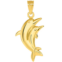 Load image into Gallery viewer, 14k Yellow Gold 3D Two Dolphins Jumping Together Vertical Pendant with Cuban Necklace
