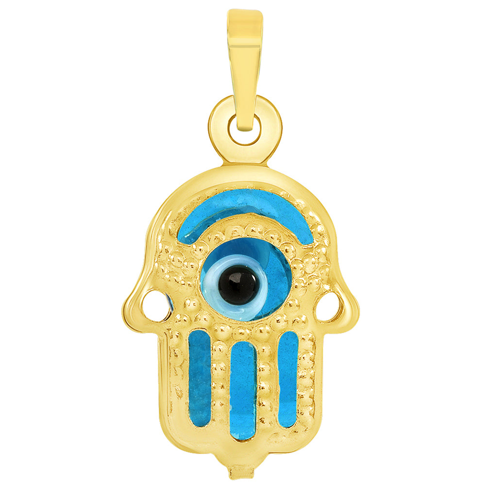 14k Yellow Gold Mini Blue Evil Eye Hamsa Hand Charm Pendant