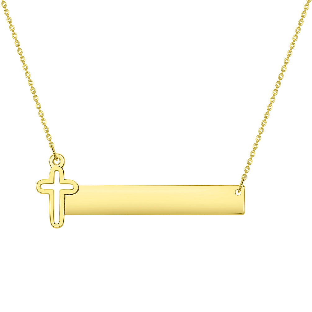Solid 14k Yellow Gold Engravable Personalized Bar with Religious Cross Necklace (Adjustable Chain 16" to 18")