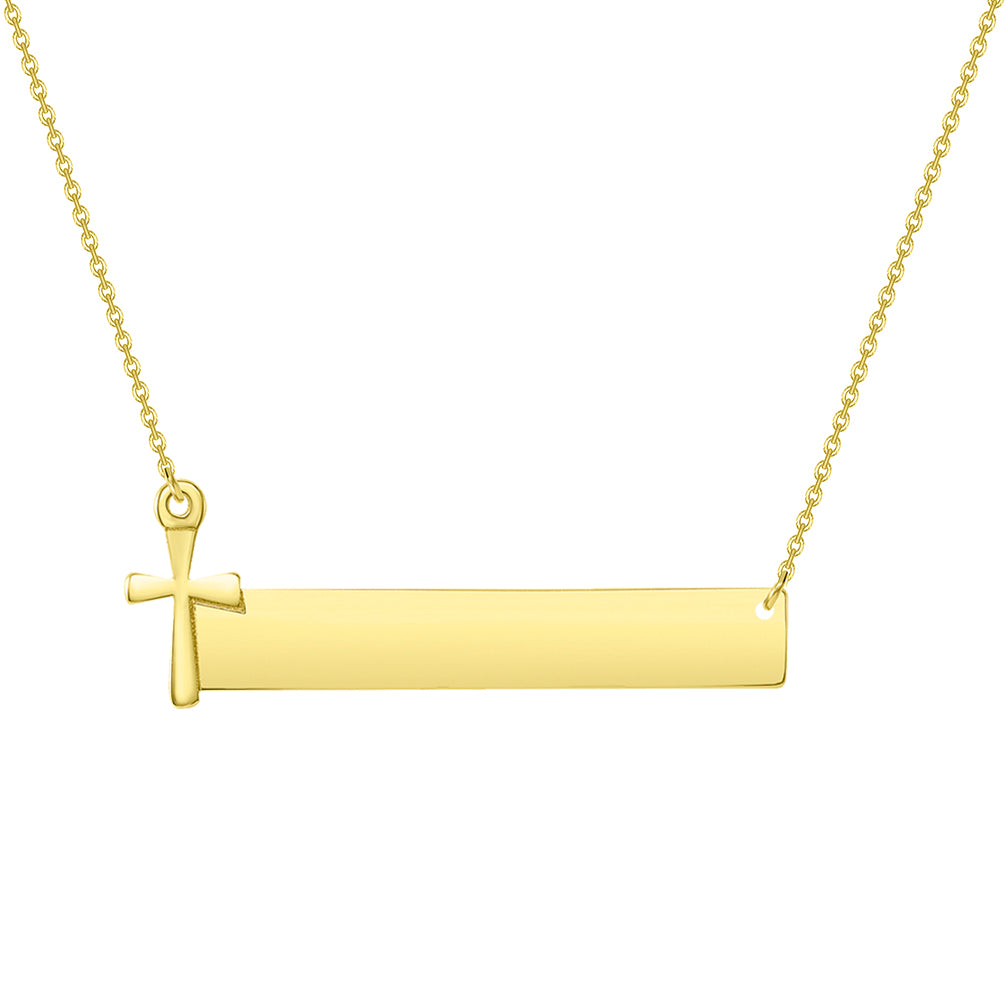 Solid 14k Yellow Gold Engravable Personalized Bar with Religious Cross Necklace