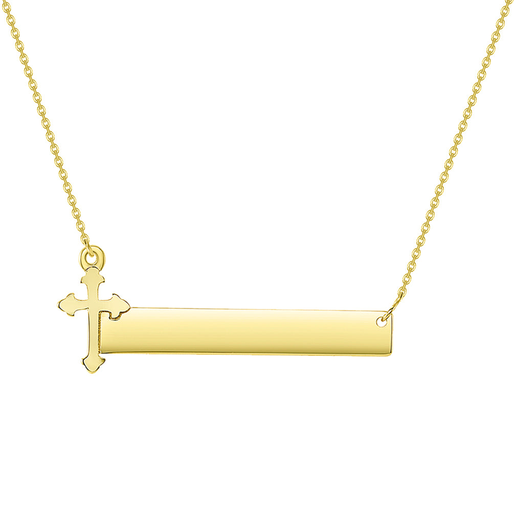Solid 14k Yellow Gold Engravable Personalized Bar with Catholic Cross Necklace