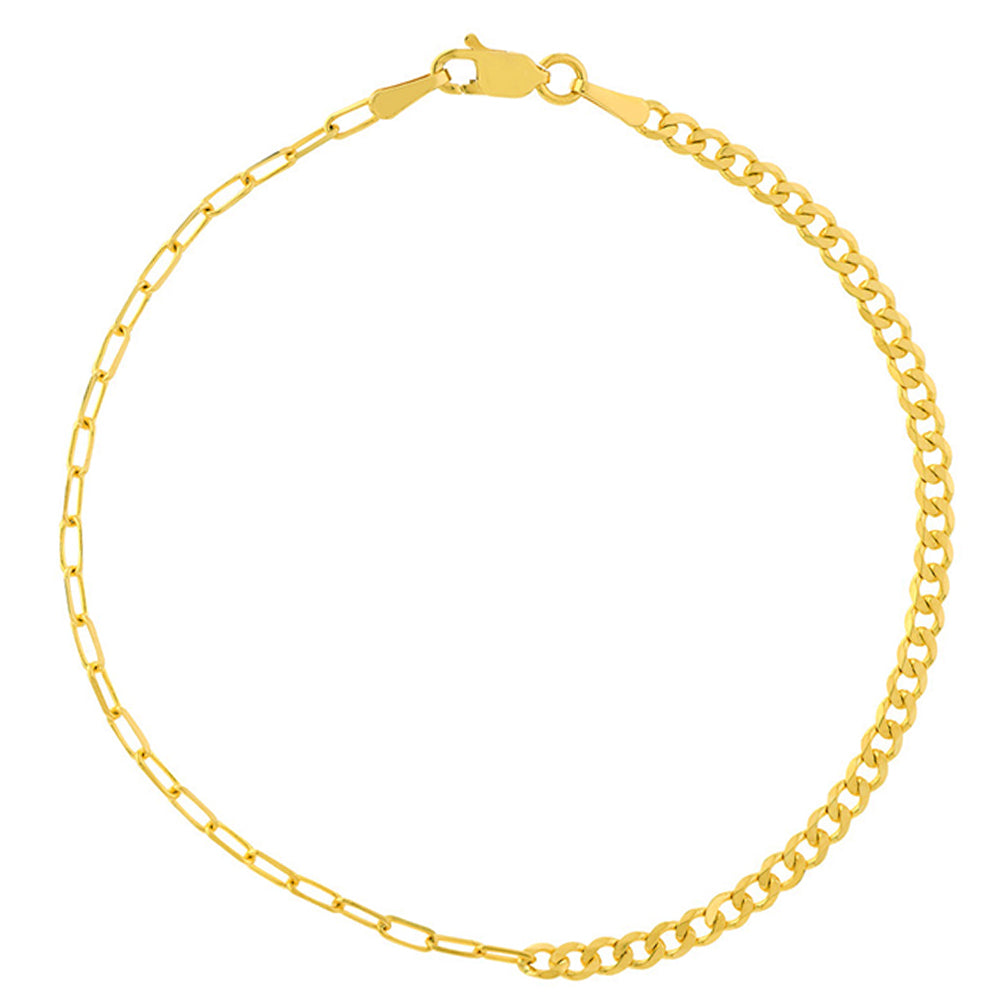 14K Yellow Gold Half Paperclip and Half Curb Cuban Chain Bracelet with Lobster Lock (50/50 chain)
