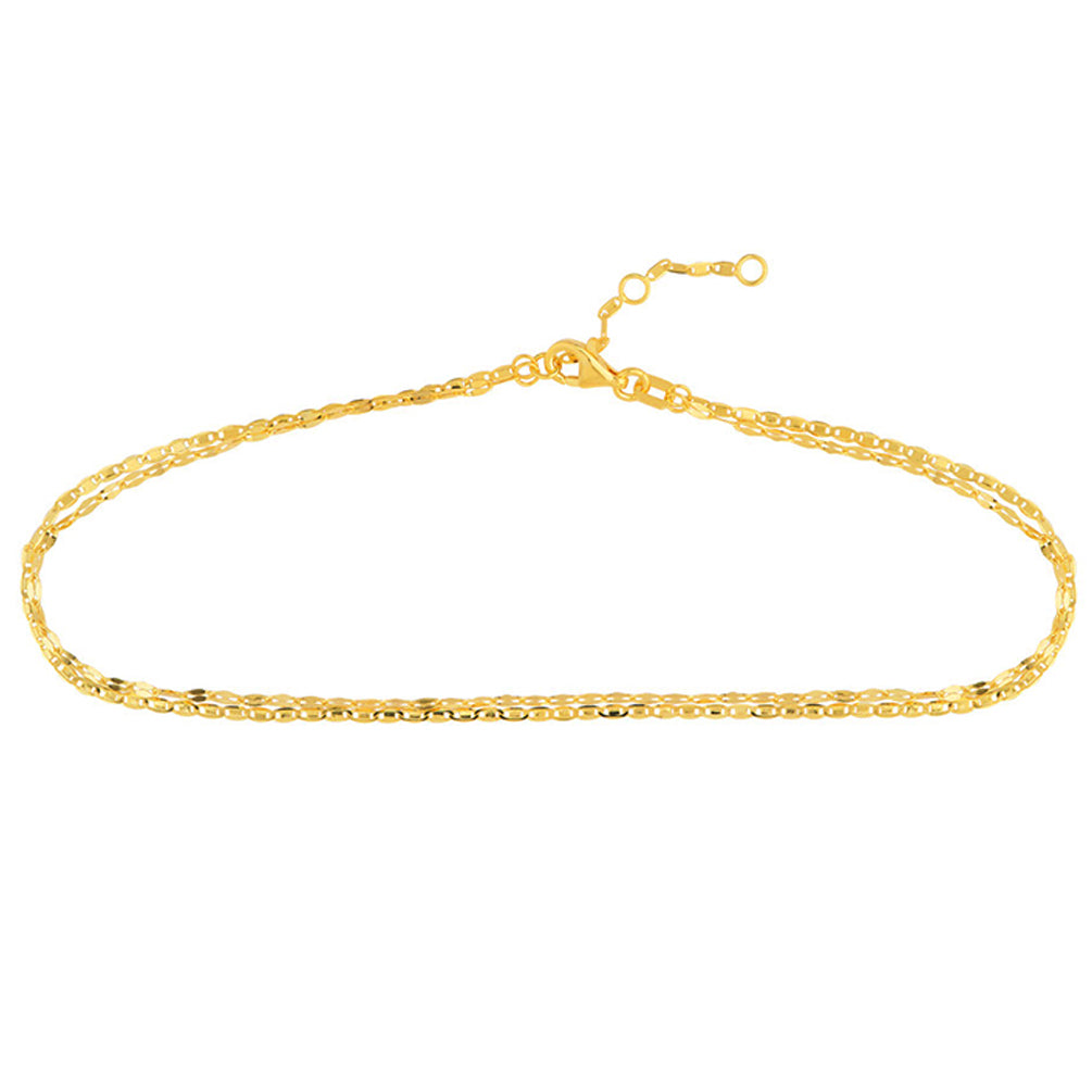 14K Yellow Gold Valentino and Hammered Forzentina Double Chain Anklet with Adjustable Lobster Lock, 10"
