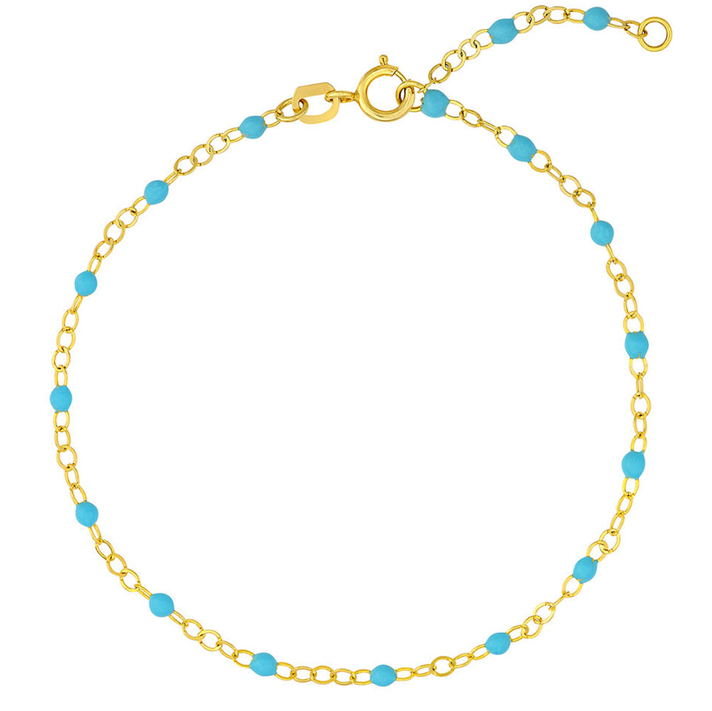 14K Yellow Gold 2mm Light Turquoise Enamel Bead on Piatto Chain Adjustable Bracelet with Spring Ring