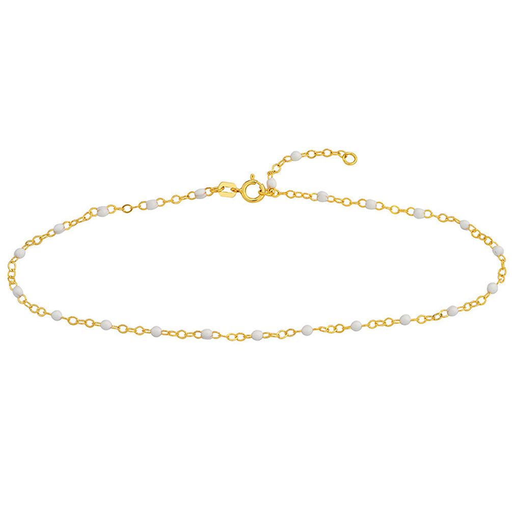 14K Yellow Gold White Enamel Bead Station 2mm Adjustable Chain Anklet with Spring Ring, 10 inches