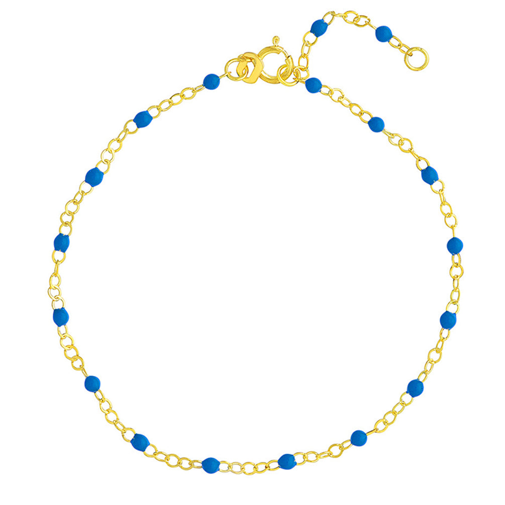 14K Yellow Gold Cobalt Blue Enamel Bead Station Chain Bracelet Adjustable with Spring Ring Clasp, 7.5"