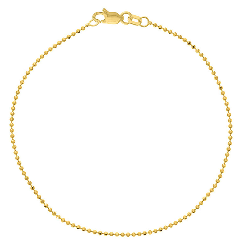 14K Yellow Gold, White Gold or Rose Gold 1.15mm Diamond-Cut Bead Chain Bracelet with Lobster Lock, 7.25"