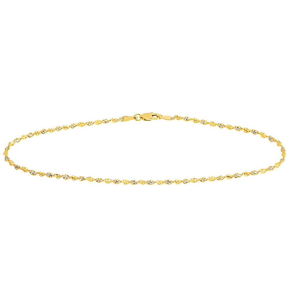 14K Yellow Gold 2.1mm Two-Tone Dorica Chain Anklet with Lobster Lock, 10 inch