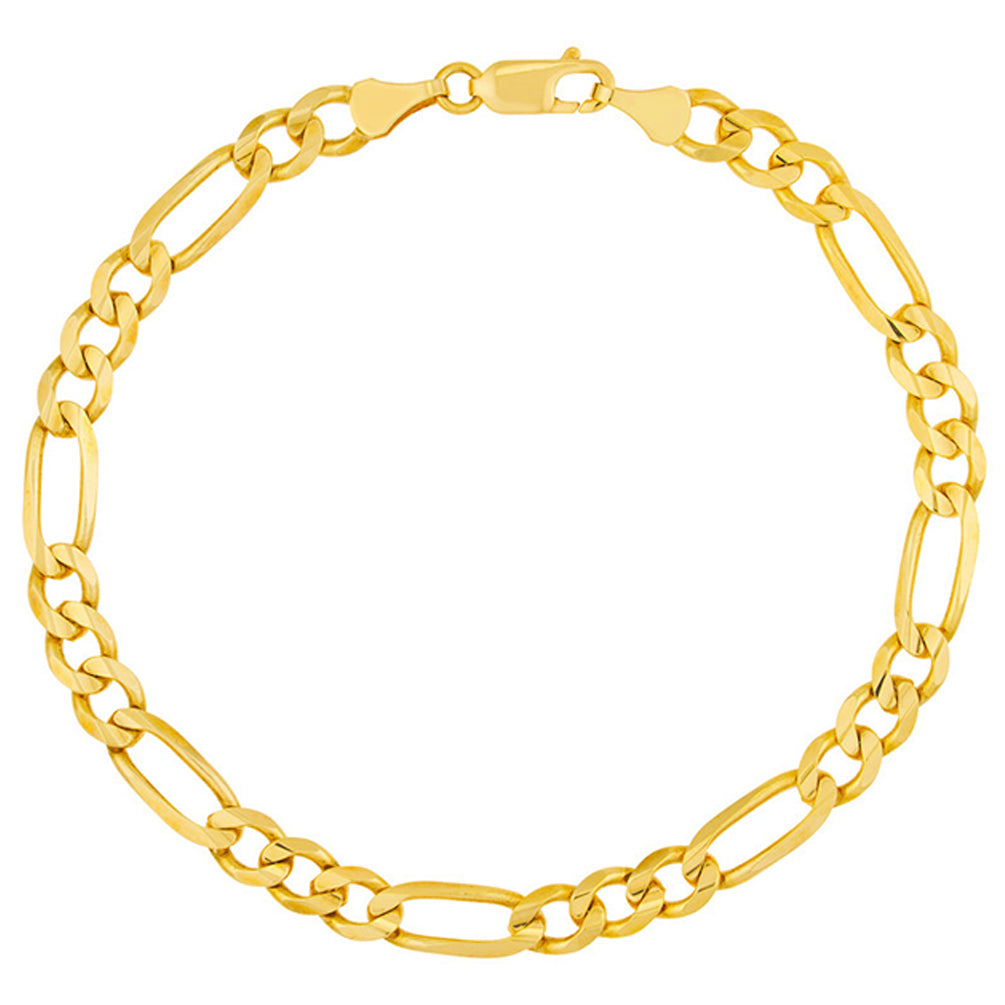 Solid 14K Gold 4.75mm Concave Figaro Chain Bracelet with Lobster Lock, 8"
