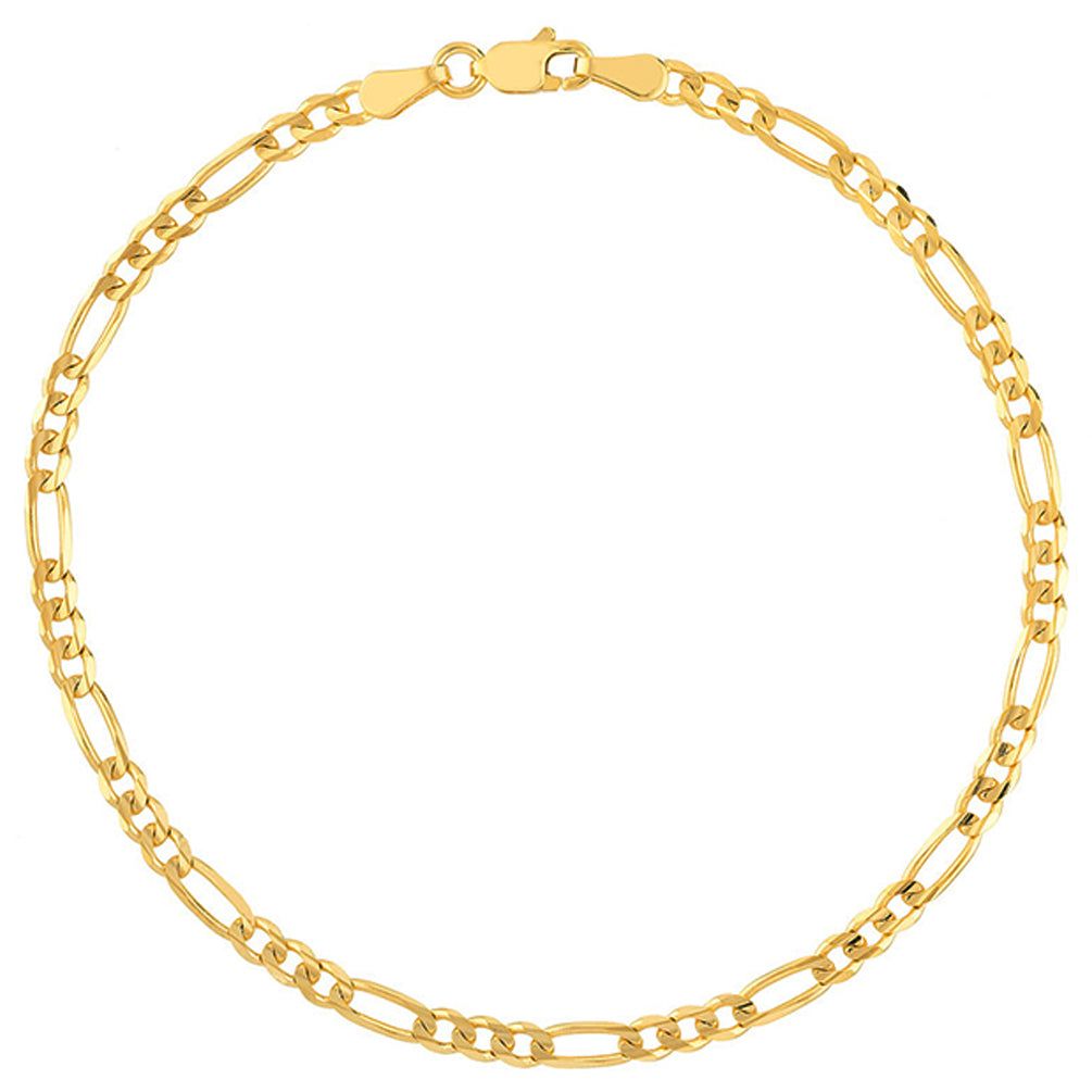 Solid 14K Yellow Gold or White Gold 3mm Concave Figaro Chain Bracelet with Lobster Lock, 8"