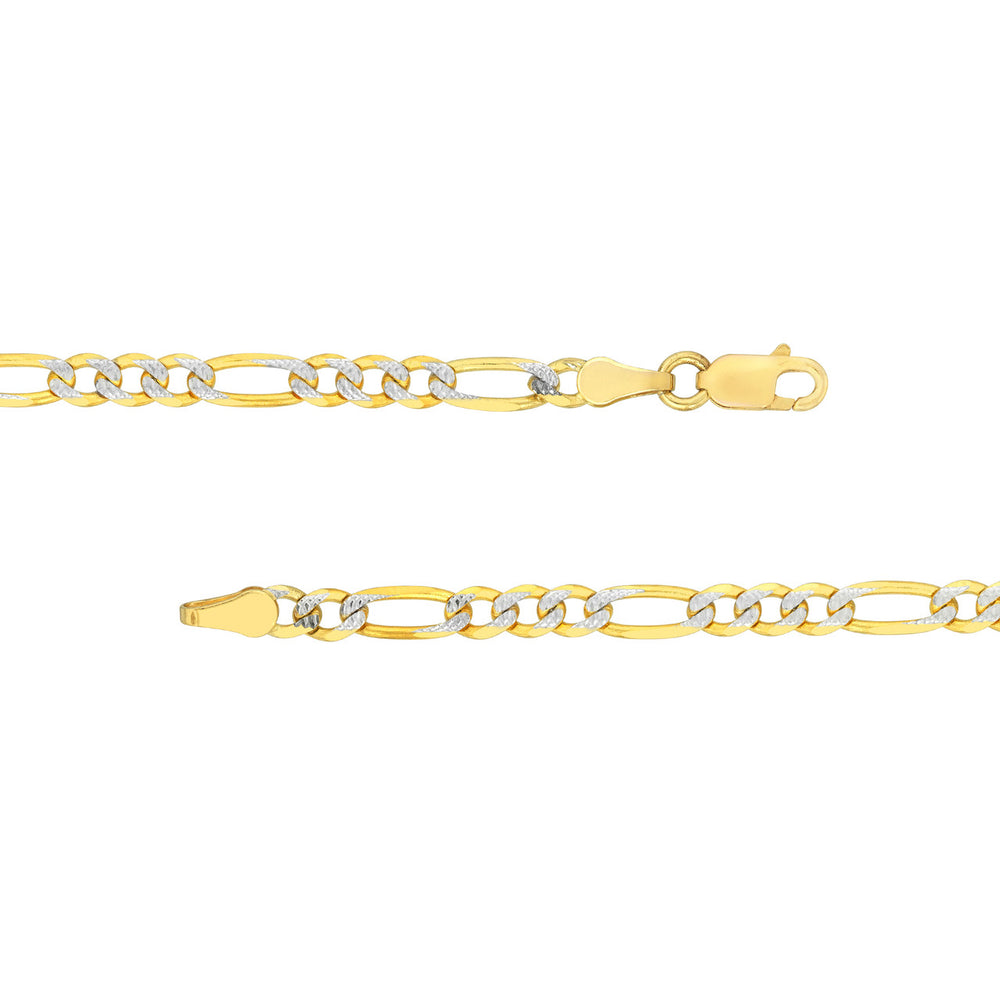 14K Yellow White Gold 3.9mm Two-Tone Pave Figaro Chain Necklace with Lobster Lock