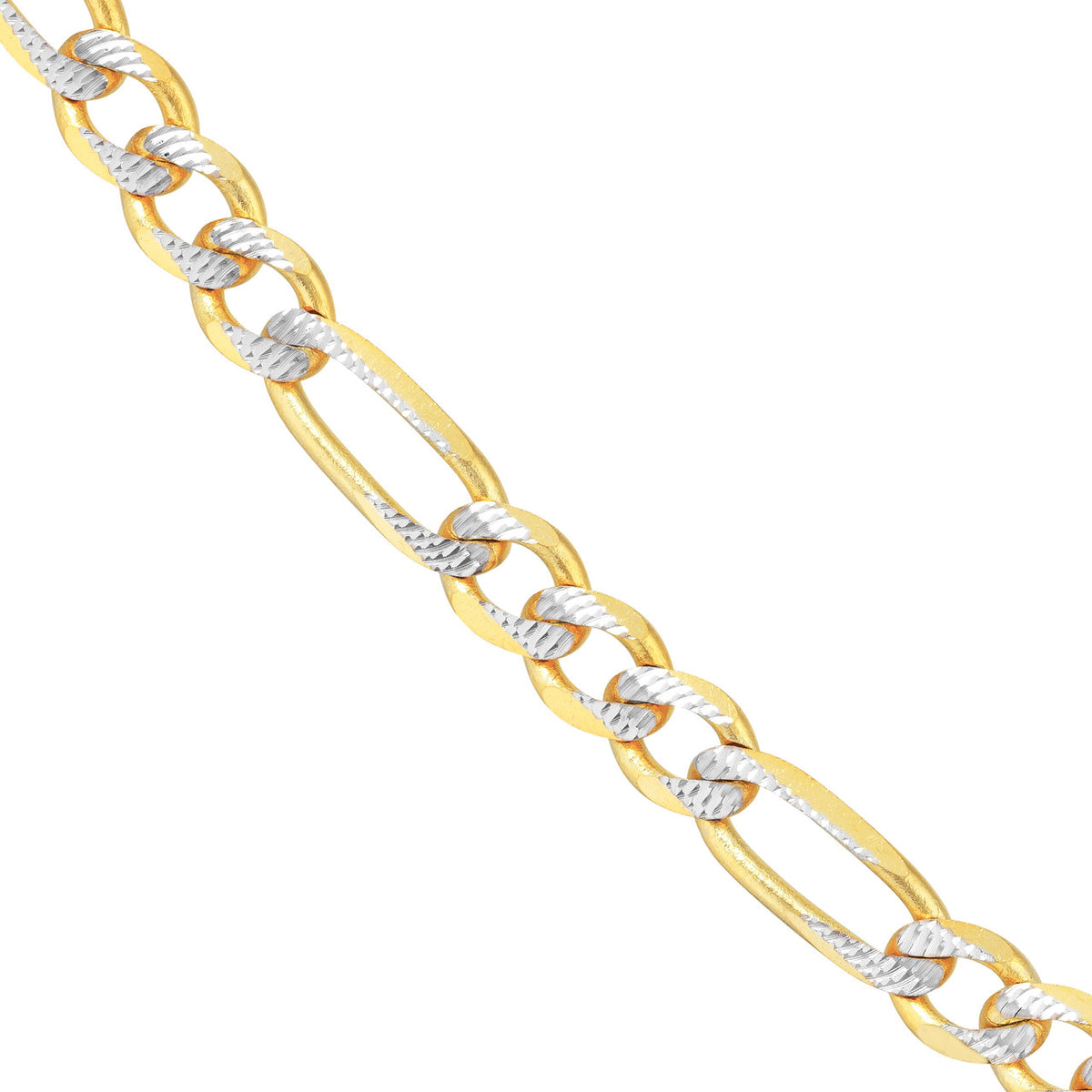 14k Yellow White Gold 5.8mm Two-Tone Pave Figaro Chain Necklace with Lobster Lock