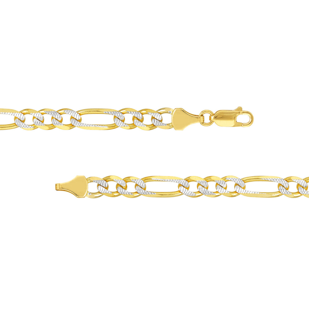 14k Yellow White Gold 5.8mm Two-Tone Pave Figaro Chain Necklace with Lobster Lock