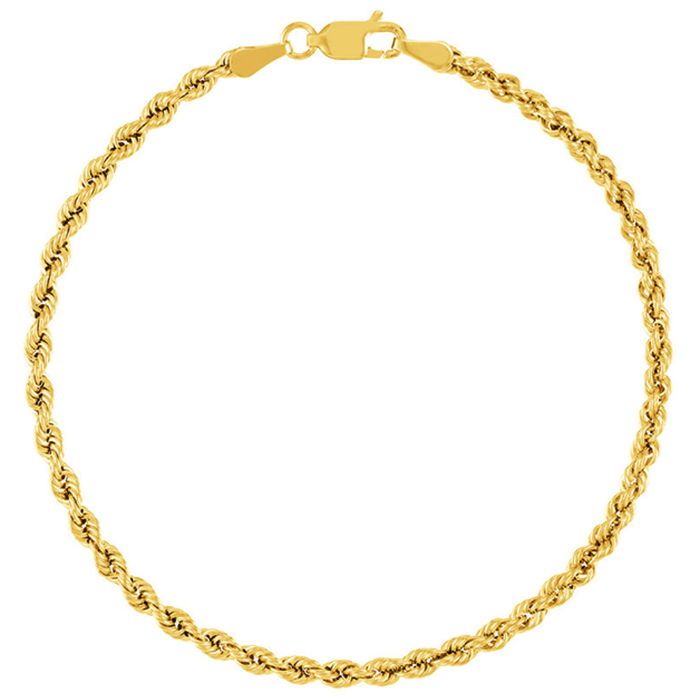 14k Yellow Gold Hollow 3mm Rope Chain Bracelet with Lobster Lock - Light Rope Chain Bracelet with Diamond Cut