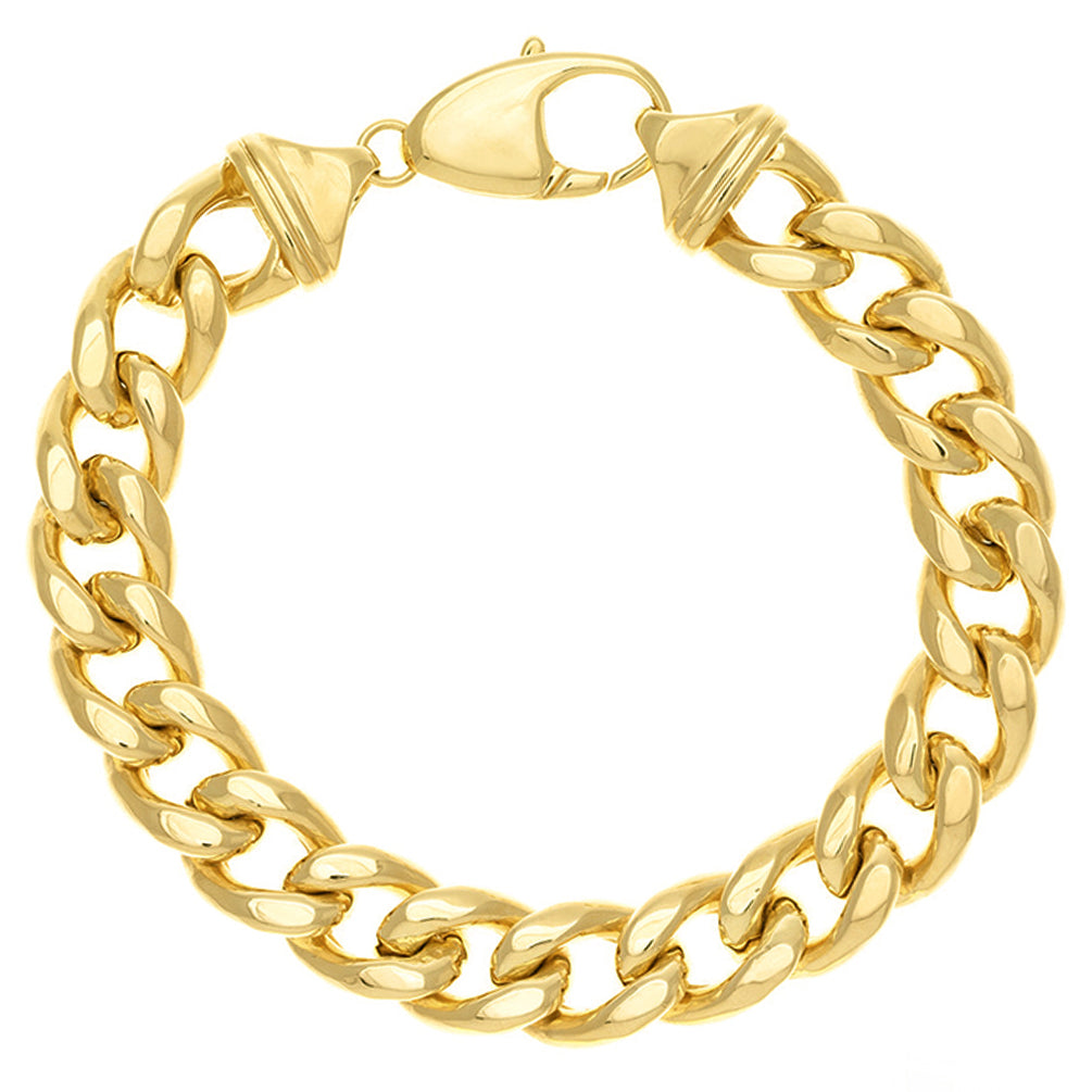14K Yellow Gold 12.5mm Light Miami Cuban Chain Open Link Bracelet with Lobster Claw, 9" - Hollow