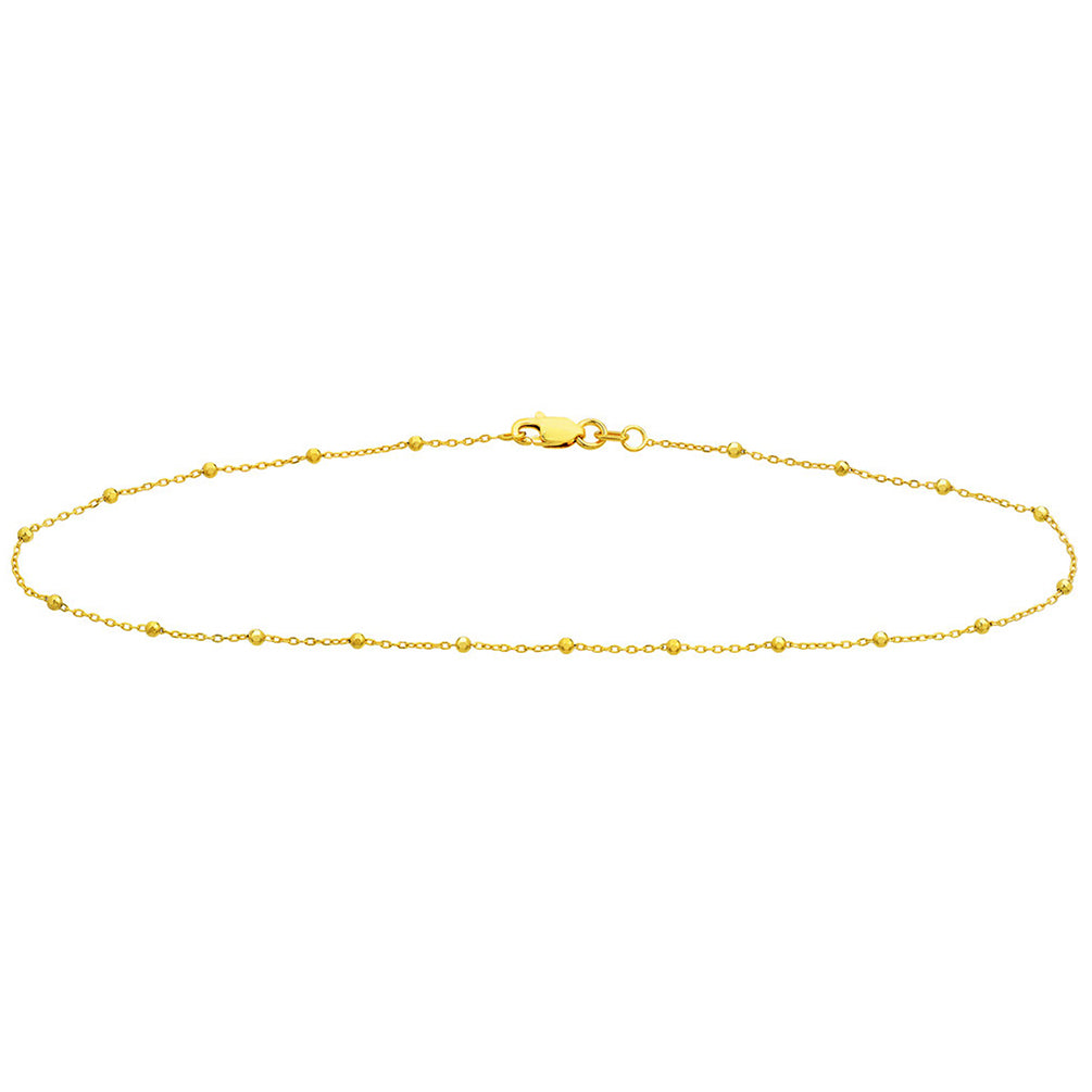 14K Yellow Gold 1.7mm Faceted Bead Saturn Chain Anklet with Lobster Lock