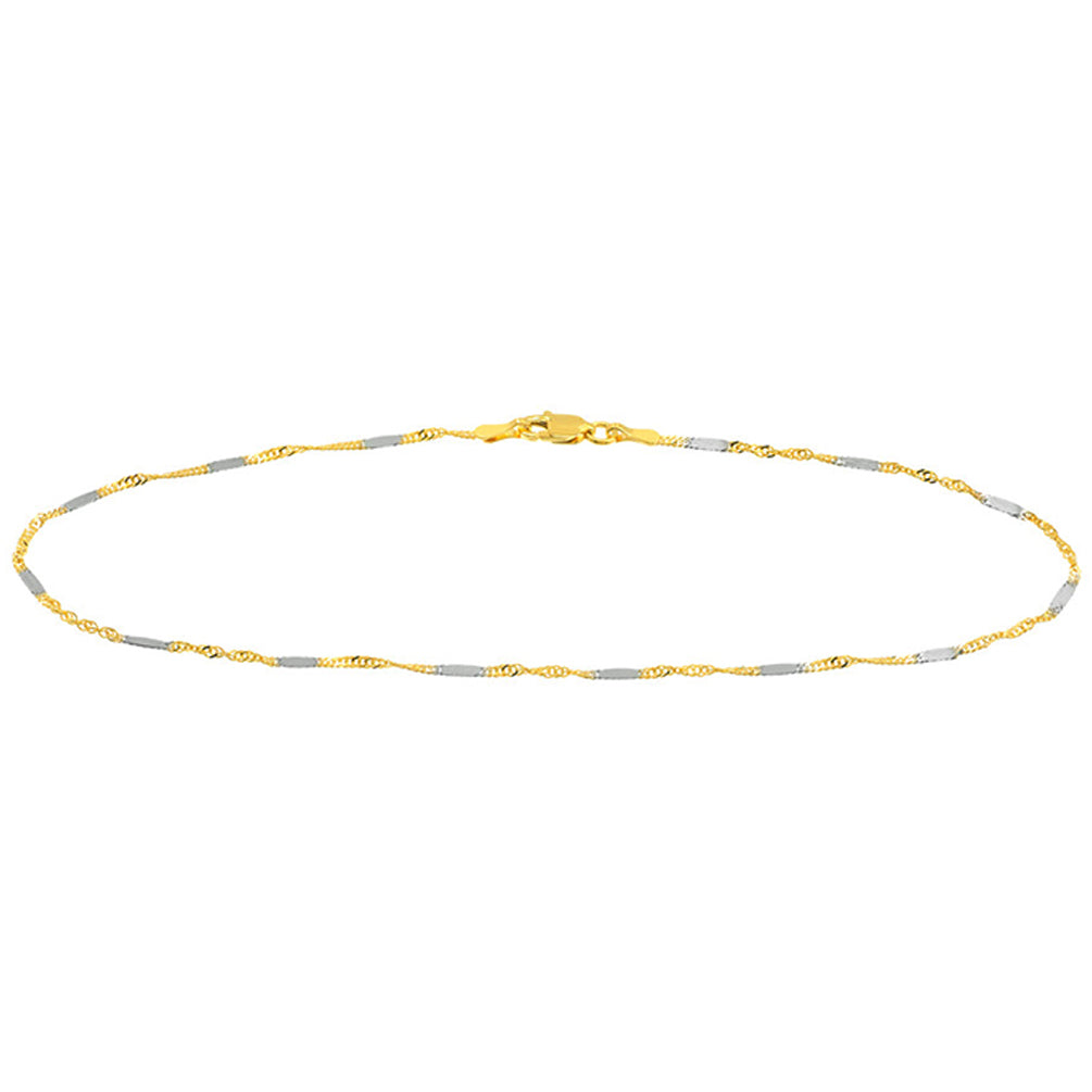 14K Two-Tone Gold 1.45mm Singapore Flat Saturn Chain Anklet with Lobster Lock, 10 inch