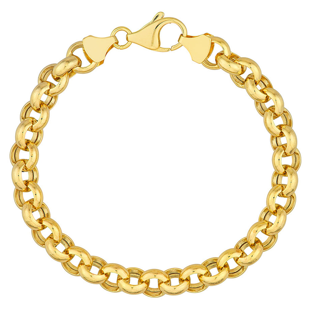 14K Yellow Gold 8mm Hollow Rolo Chain Bracelet with Lobster Lock, 7.5"