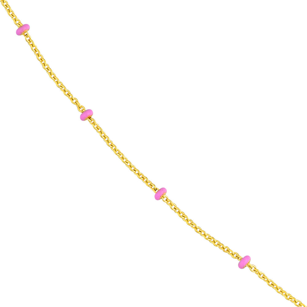 14K Yellow Gold Pink Enamel Bead Saturn Chain Necklace