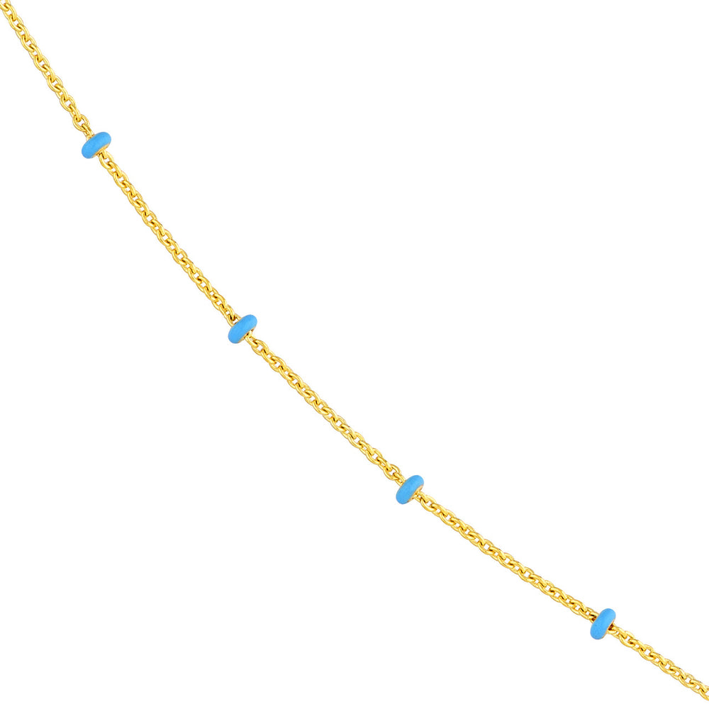 14K Yellow Gold Baby Blue Enamel Bead Saturn Chain Necklace