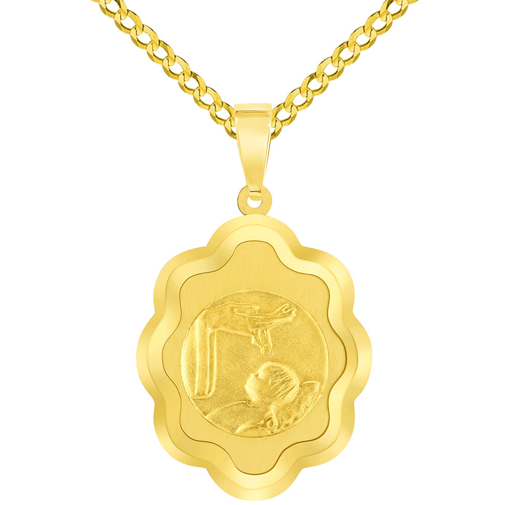 14k Yellow Gold Religious Baptism Christening On Elegant Medal Pendant with Cuban Chain Curb Necklace