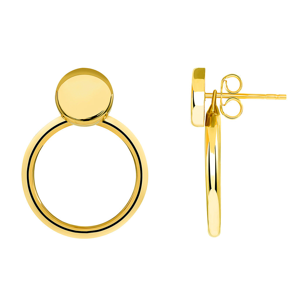 14k Yellow Gold Simple Circle Hoop Dangle Drop Earrings with Friction Back