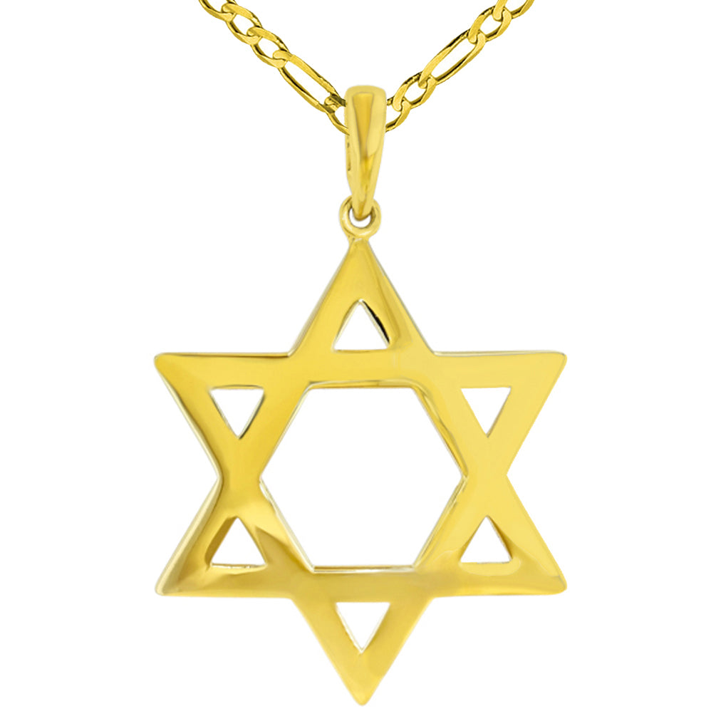Polished 14K Yellow Gold Large Star of David Pendant with Figaro Necklace