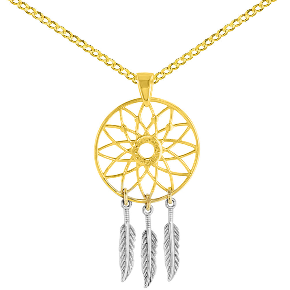 14K Two-Tone Gold Native American Dreamcatcher Charm Pendant with Cuban Necklace