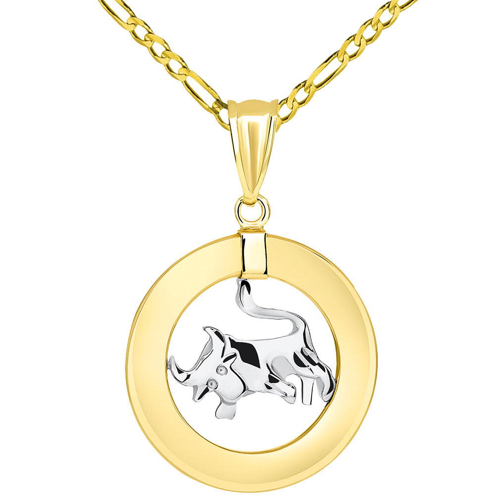 14k Two Tone Gold Open Circle Taurus Zodiac Sign Pendant Figaro Necklace