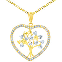 Load image into Gallery viewer, Polished 14K Yellow Gold Textured Heart Shaped Tree of Life Pendant Figaro Chain Necklace

