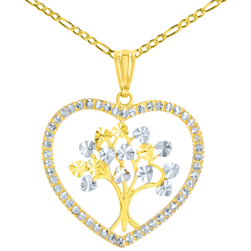 Polished 14K Yellow Gold Textured Heart Shaped Tree of Life Pendant Figaro Chain Necklace