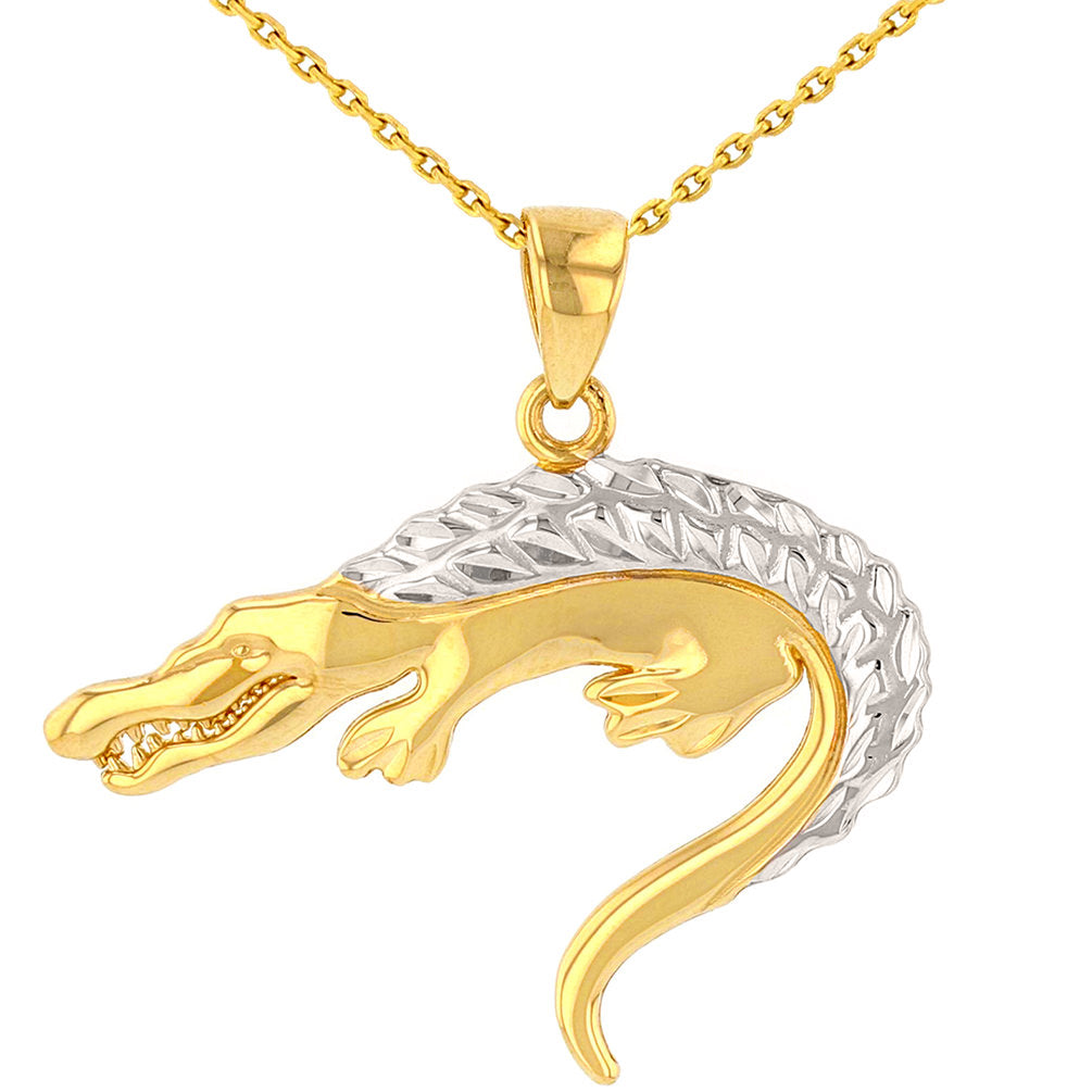 Solid 14K Yellow Gold Textured Crocodile Pendant Necklace with High Polish