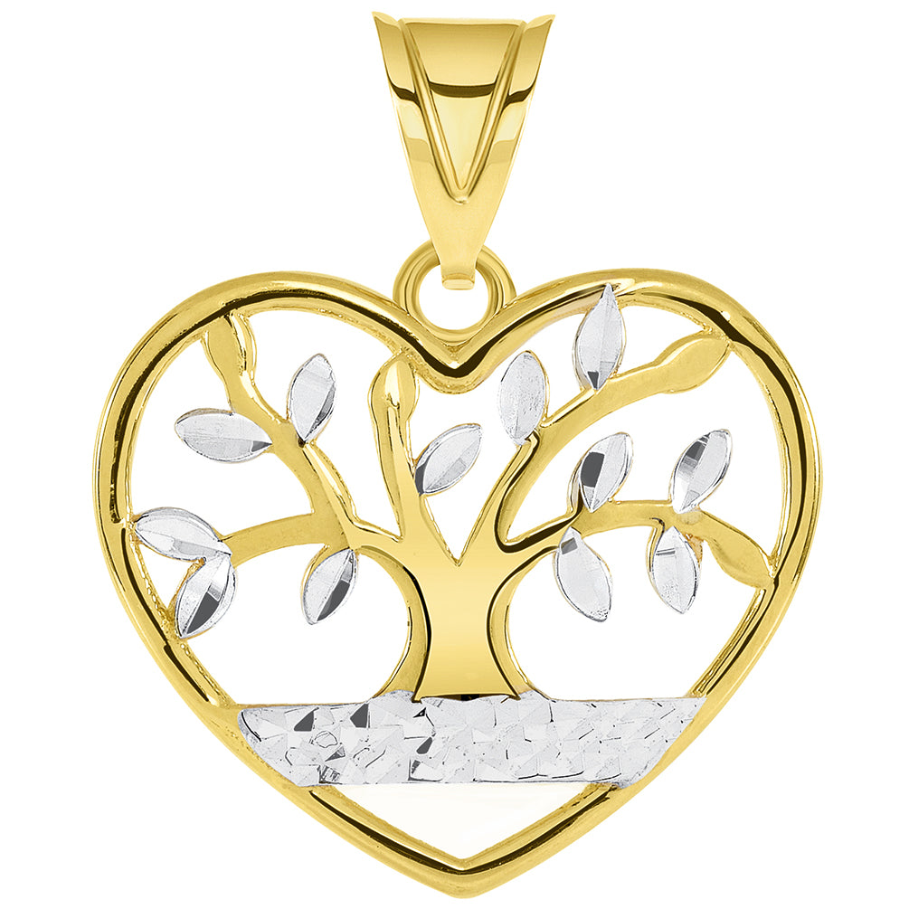 14k Yellow Gold Textured Heart Shaped Two Tone Tree of Life Pendant