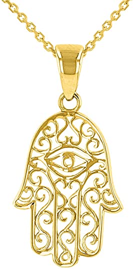 14K Yellow Gold Filigree Hamsa Hand of Fatima with Evil Eye Pendant Cable Chain Necklace