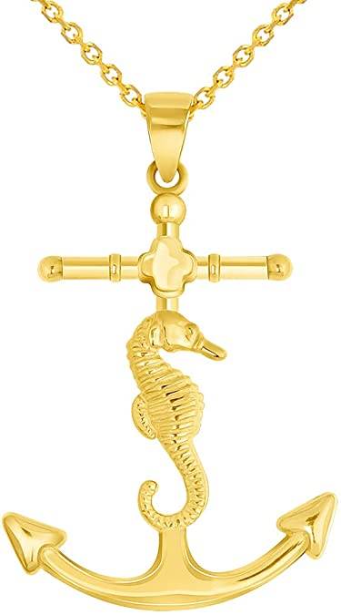 Solid 14k Yellow Gold Nautical Anchor with Seahorse Pendant with Rolo  Cable, Cuban Curb, or Figaro Chain Necklaces