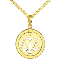 Load image into Gallery viewer, 14K Yellow Gold Reversible Round Libra Scale Zodiac Sign Pendant with Cuban Chain Necklace
