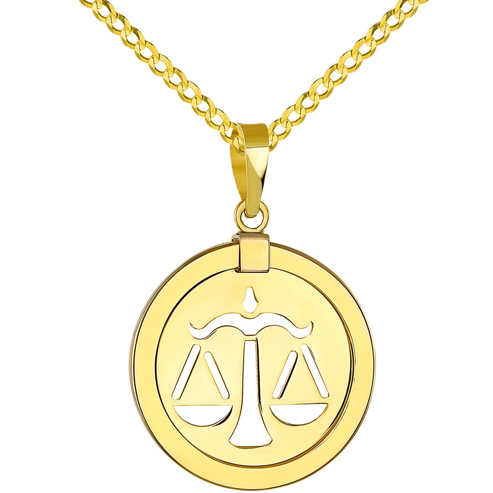 14K Yellow Gold Reversible Round Libra Scale Zodiac Sign Pendant with Cuban Chain Necklace