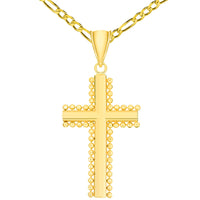 Load image into Gallery viewer, Solid 14k Yellow Gold Beaded Edged Plain Religious Cross Pendant Necklace with Figaro Chain Necklaces
